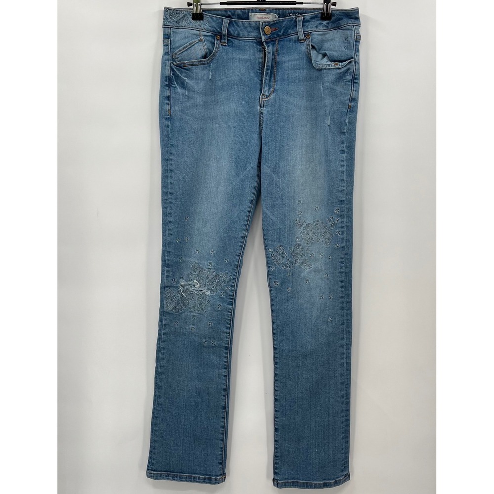 Sundance womens Straight Leg Jeans Medium Wash Embroidered Distressed Boho 31